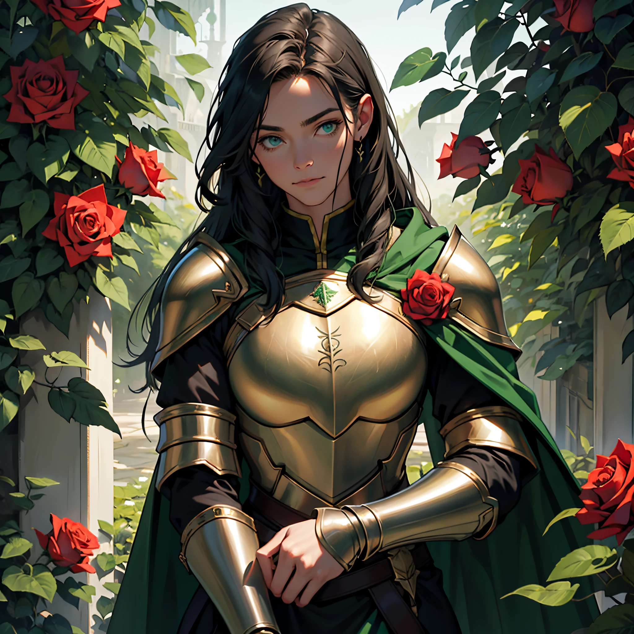 ​masterpiece, Best Quality, Super Detail 4K,Loki armor and green cloak, mature female knight, dark green long straight hair, Background with : Rose garden with medieval roses