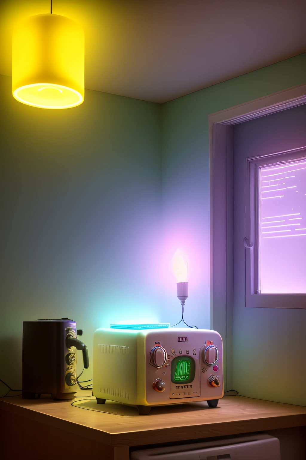 Haunted Microwave,Has a weird and supernatural appearance,(Glow from the inside out), An atmosphere suggesting that the toaster is possessed by a ghost..., dim kitchen background, Spooky like, supernatural elements in images, Ethereal, (floating food),illuminations,Best quality at best,tmasterpiece,(pastel colour:1.2)