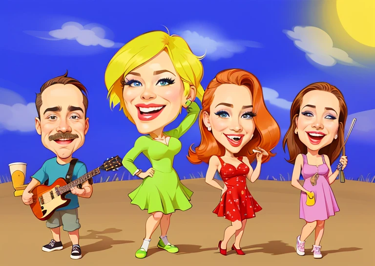 cartoon of a group of people with a guitar and a woman, charicatura, estilo caricatura, caricature illustration, in cartoon style, caricatural, arte digital dos desenhos animados, desenho animado de arte digital, arte dos desenhos animados, caricatura!!!, Chibi, stylized digital illustration, cartunesco, estilo dos desenhos animados, retrato dos desenhos animados, pintura digital dos desenhos animados, cartoon illustration, color digital illustration