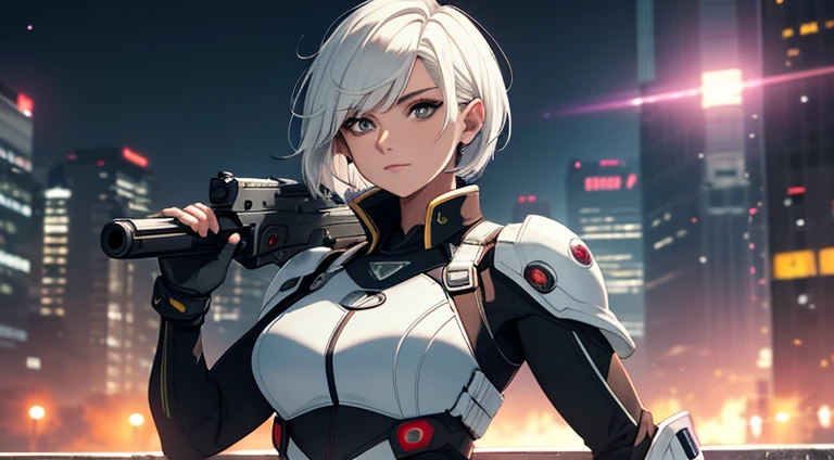 (best quality, masterpiece:1.2), high resolution, soft, extremely rich in colors, colorful, warrior woman, a mature woman, short white hair, holding a gun, tight combat suit, steel city background, nighttime, normal posture