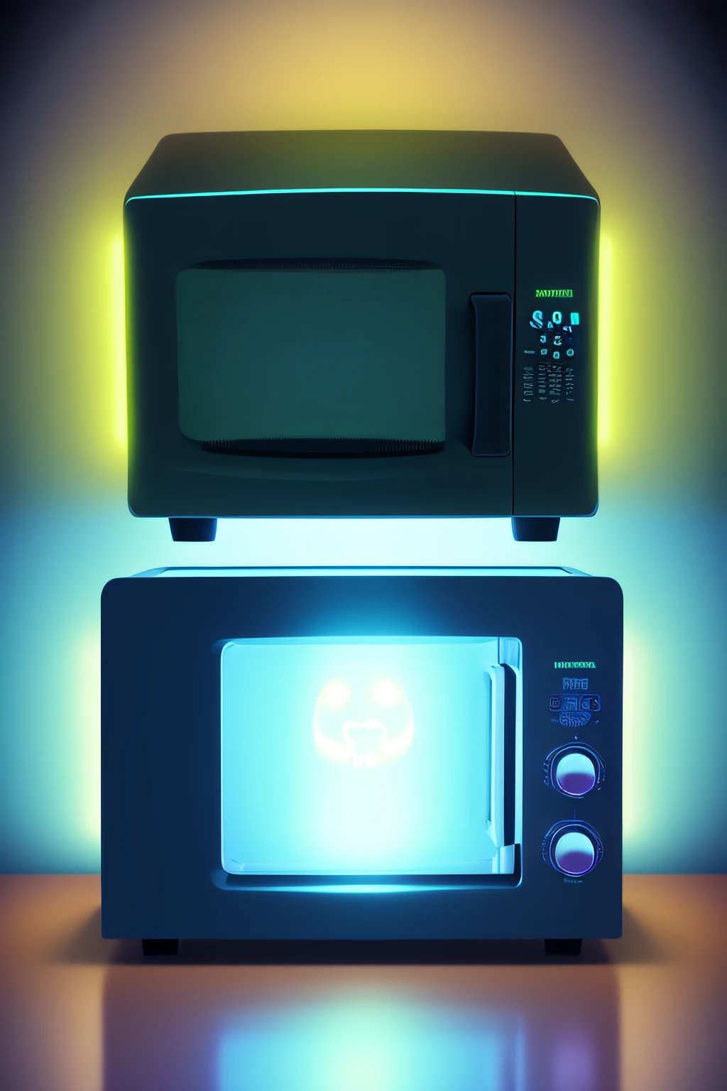 Haunted Microwave，Has a weird and supernatural appearance，(Glow from the inside out), An atmosphere suggesting that the toaster is possessed by a ghost..., dim kitchen background, Spooky like, supernatural elements in images, Ethereal, (floating food），illuminations，Best quality at best，tmasterpiece，（pastel colour：1.2）