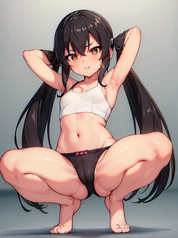 masterpiece, best quality, highres, Matoba Risa, 1girl, solo, busty, small breasts, black hair, twintail , sport bra, short skirt, looking at viewer, full body, standing, simple background, (erotic pose:1.4), blush, flustered, (Crotch panties exposed:1.3), ((arms behind head, double armpits, crouching down, half-squat, Open the crotch before:1.3)), Half body, upper body, In the middle, symmetrical,