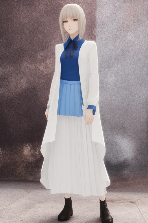 a white blonde girl wearing a long blouse and blue long skirt, 3d minimalist anime