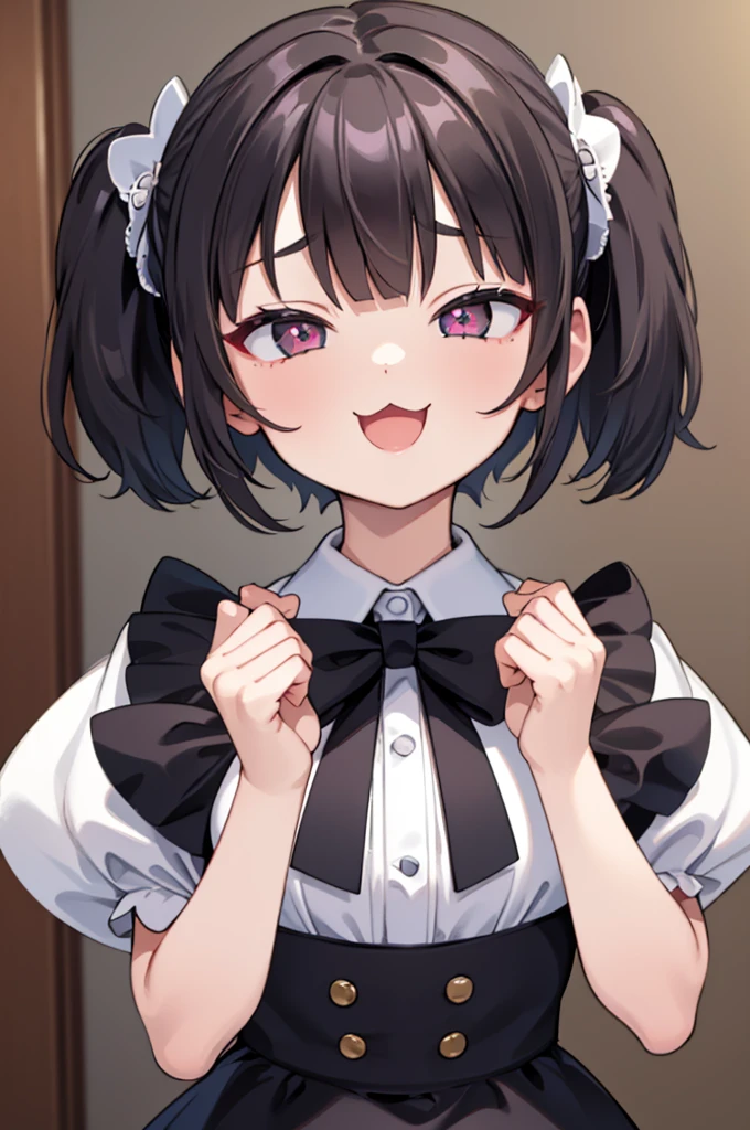 (8k、Best image quality、highest quality、masterpiece)、Detailed face、One Girl、Black Hair、((Twin tails))、Blunt bangs、short hair、Wavy Hair、Grey Eyes、Earrings、Wicked Smile、Grin、mask_Pull、Super big boobs、((Pink clothes))、Black mini skirt、jirai kei attire、Cowboy Shot、(night:1.8, Love hotels in Japan:1.8, Dark Room:1.8, Dark pink lighting:1.7, Teasing in bed)