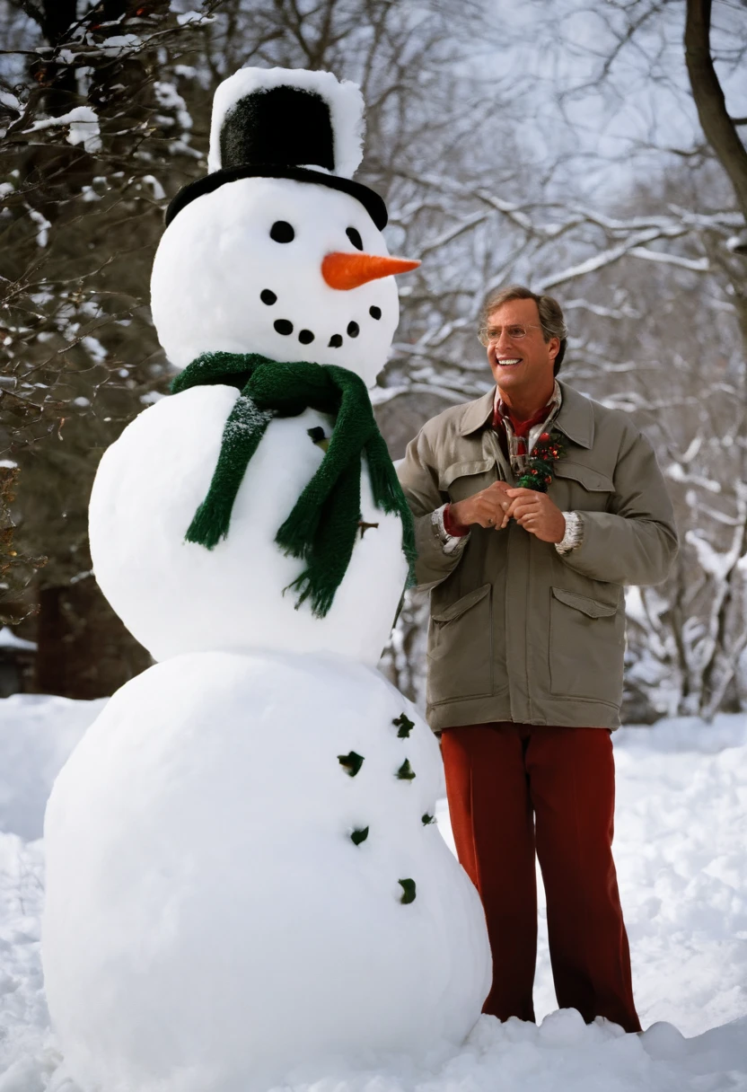 A Boomerang of Clark Griswold attempting to build a giant snowman, but comically slipping and falling in the snow,Christmas Vacation,Clark Griswold, as portrayed in “Christmas Vacation,” is the epitome of an enthusiastic and ever-hopeful family man, driven by a relentless desire to create the perfect holiday experience. His appearance is that of the quintessential suburban dad: often seen sporting a light sweater, casual slacks, and a slightly disheveled look, reflecting his well-intentioned, yet often chaotic attempts at holiday preparations.