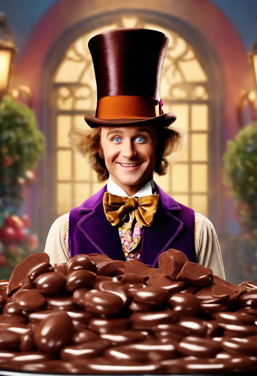 A spellbinding video of a chocolate fountain erupting with a cascade of velvety chocolate, shimmering in the morning light.,Charlie and the Chocolate Factory,Willy Wonka, the eccentric chocolate factory owner in Roald Dahl’s novel and its film adaptations, is known for his flamboyant and whimsical style. He typically sports a top hat, a brightly colored, tailored suit, and a bow tie, embodying his quirky and unconventional character. Wonka’s attire often includes a cane and whimsical accessories that add to his mysterious and playful persona. His bright eyes and enigmatic smile contribute to his charismatic yet unpredictable appearance.