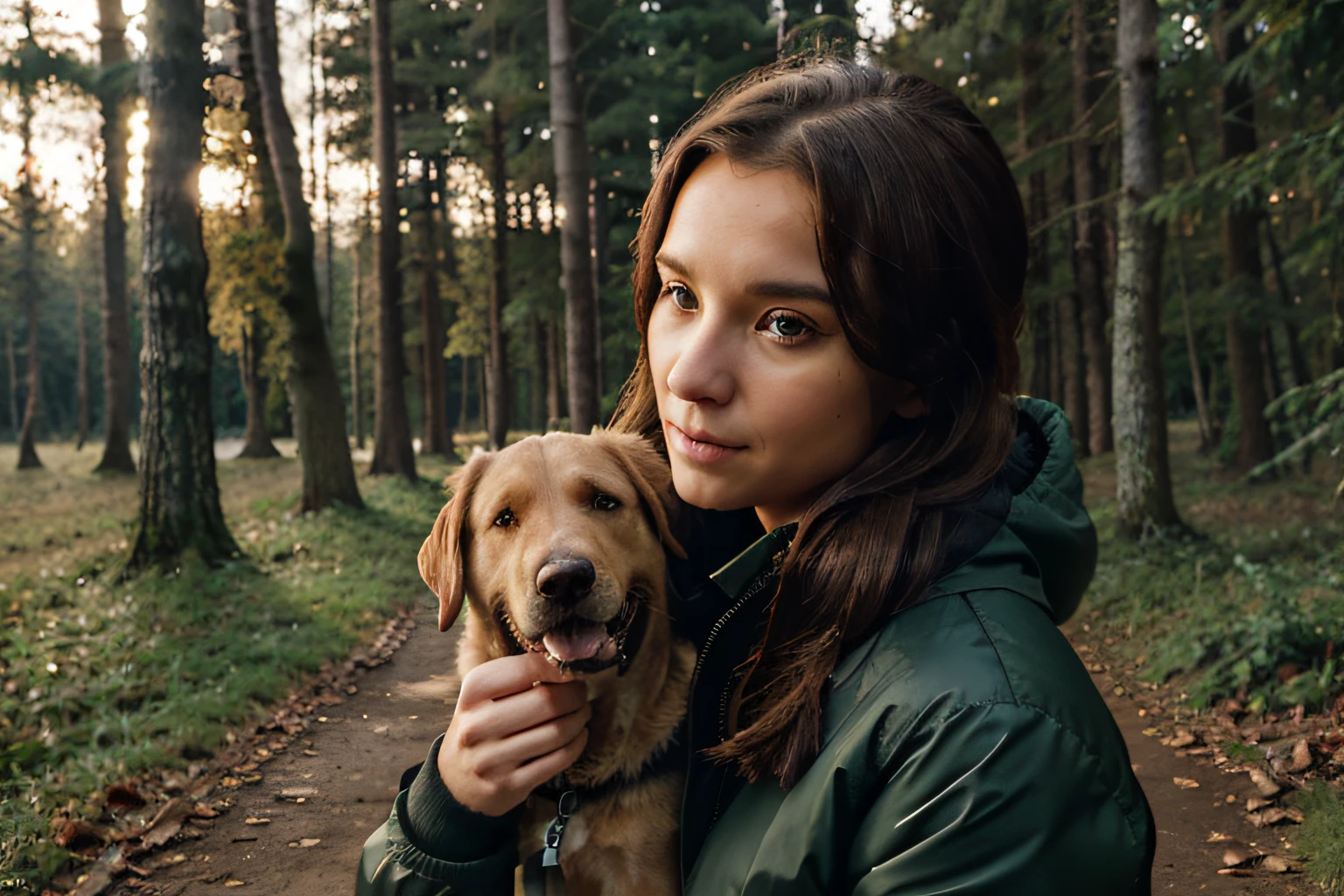 Blind girl with blind eyes, Blindenstick, 1 guide-dog (Labrador), fotorealistisch, Foto, in the woods, Abendlicht, 26 years old, hair brunette half long, Winter jacket