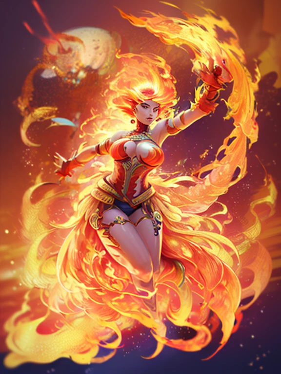 Fantasyart、(top-quality、masterpiece:1.2)、ultra-detailliert、(photoRealstic:1.1)、(foco nítido)、Goddess of Fire、goddess of fire、(A female spirit of melted flame that burns bright red:1.5)、(full body Esbian:1.4)、Detailed Molten Fire Elemental、(Red and Yellow Blue Flame:1.5)、Being in a fantasy world。Fructal art of flame、beautiful countenance、Unbelievably beautiful woman、A detailed face、perfectly proportions、爆乳、big breasts thin waist、nabel、buttock、Crotch gap、thighs thighs thighs thighs、(Dynamic Poses:1.5)、Steampunk style、Detail Master 2、steampunc、Movie girl、Girl burns、Goddess of Fire, (LoRA:Large breasts-Huge breasts-Nipple optimization: 1.155), (LoRA:DW Fake Breastsv2: 1.15), (Russian Doll Likeness: 0.75)