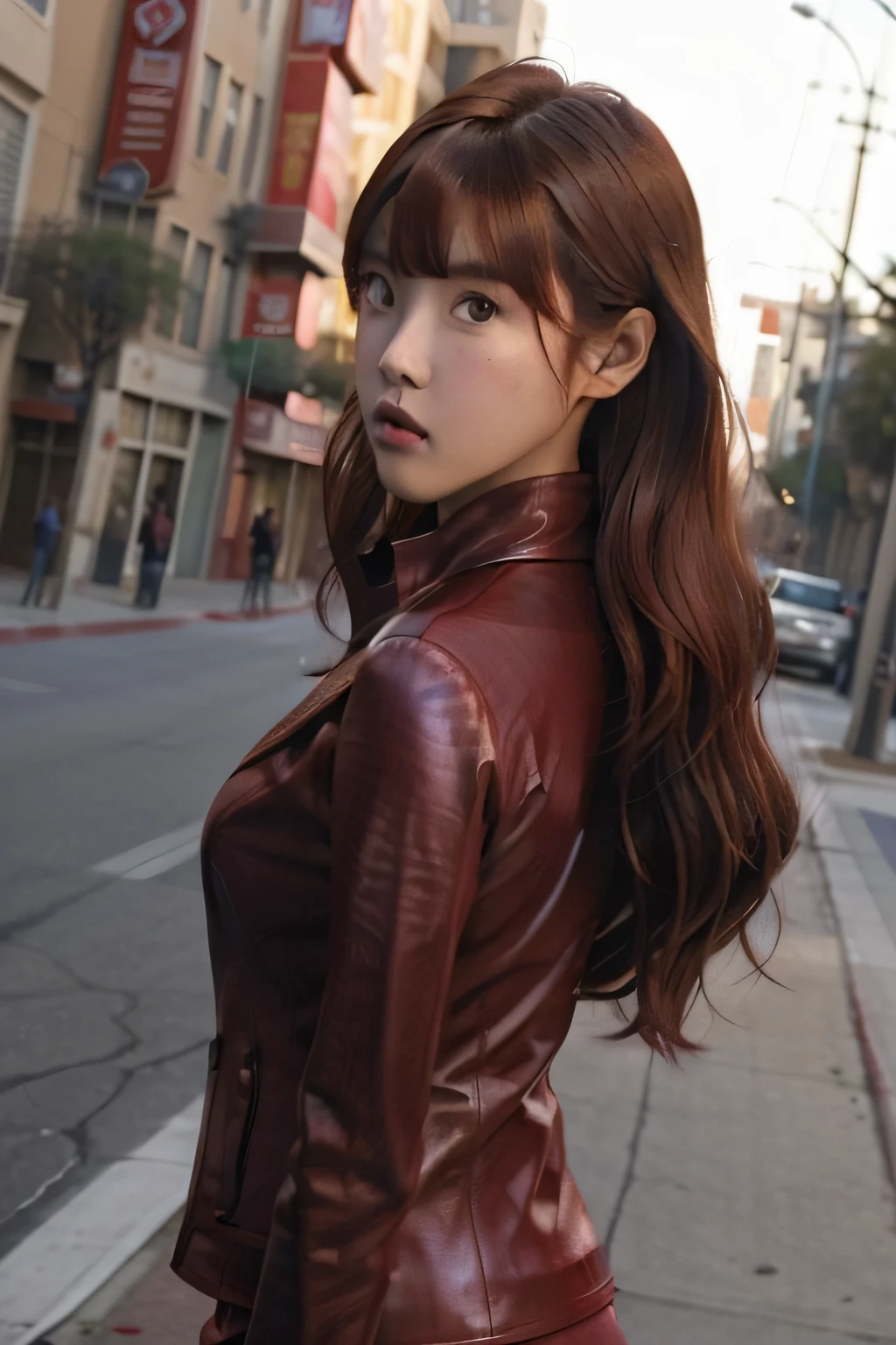 best quality, photorealistic, KristannaTX in a los angeles city street, (a female Korean supermodel), (wine red leather jacket:1.0), seducing look, (long wavy hair), (dark hair), (hair bangs:1.2), ultra realistic TX, deep focus, clear lighting, daylight, daytime, sunshine