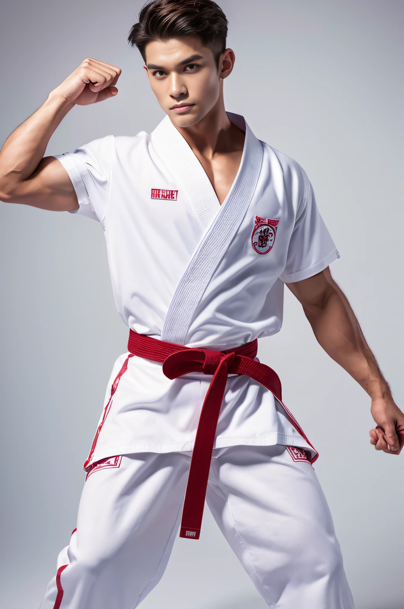 a picture, a handsome, 8k full body portrait of a man, Charming sweet look, Move ki, shorth hair, musculature, clong legs, Muscular legs,, bare-legged, Detailed muscular physique, a picture, (masterpiece, top-quality, top-quality, Official art), Stick out your fist, Large and dynamic movements, Photorealistic depiction,20yr old, Toned waist, White Karate Uniform, Karate Belt, White karate pants, Accurate depiction of details, Perfect skeleton, Look straight at your audience, sharp gaze