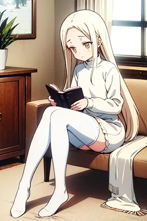 Young, slim, and very petite woman with long yellow hair and very light eyes, wearing a white wool sweater that subtly emphasizes her bust, white stockings. She is sitting at the kitchen table with her legs crossed, reading a book on the living room sofa.