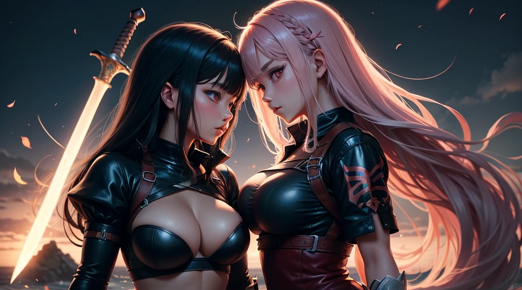 two thick anime girl engaged in a swordfight in a dark light