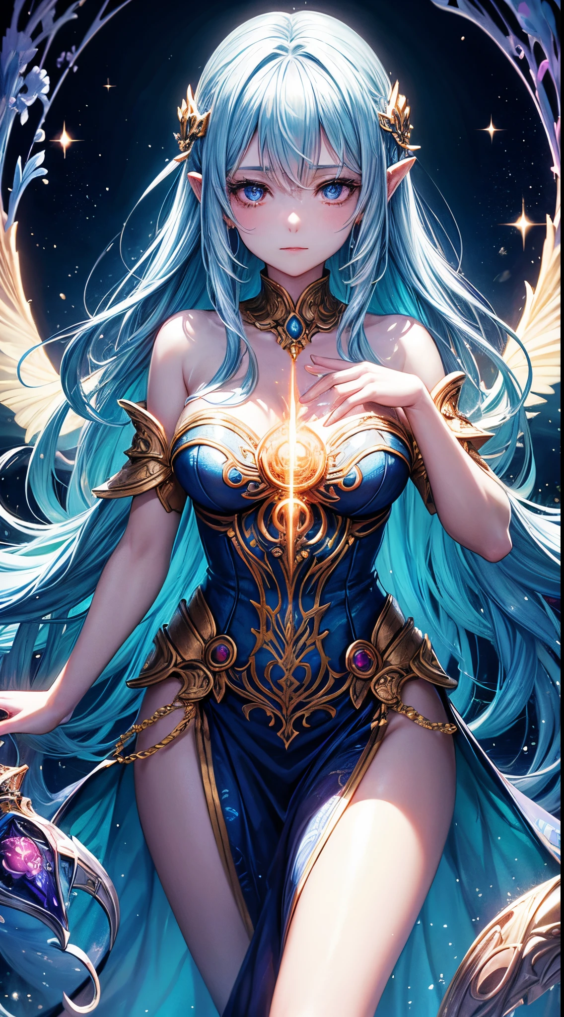 Generate an image of a woman immersed in a fantastical world of magic and enchantment. Describe her with flowing, ethereal attire adorned with mystical symbols or patterns that radiate magical energy. Emphasize the use of cinematic lighting to evoke a magical atmosphere, perhaps with soft, glowing elements surrounding her. Depict her in a whimsical pose that captures the essence of a magical realm, whether through a wand, staff, or other enchanted accessories. Utilize diverse keywords from the SeaArt list for each category to ensure a rich and visually engaging representation of her fantasy, magical-themed appearance.