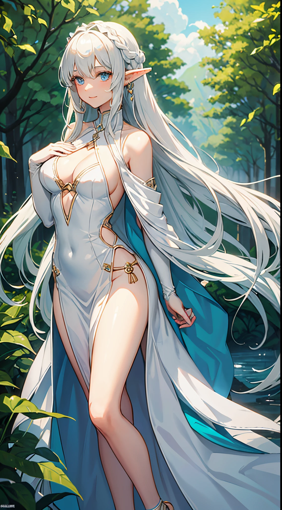 Solo. 1women. An adult elven woman who exudes the aura of big sister. She has long ears typical of elves. Her eyes were turquoise blue. Her long platinum blonde hair was slightly braided. Wearing a simple one piece in white, typical of elves. She was tall and her chest was quite large. Smile