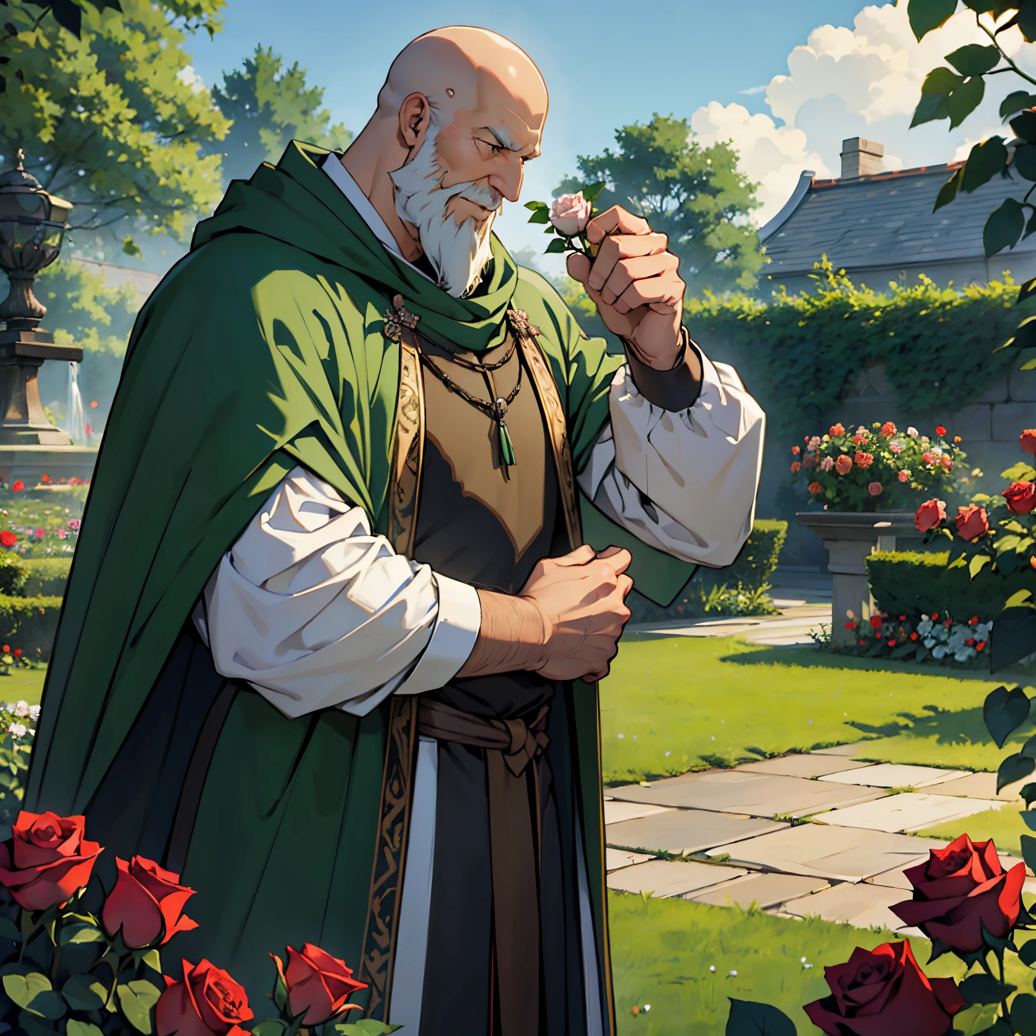 ​masterpiece, Best Quality, Super Detail 4K,green cloak, Tall bald old man tending a rose garden....., Background with : medieval rose garden