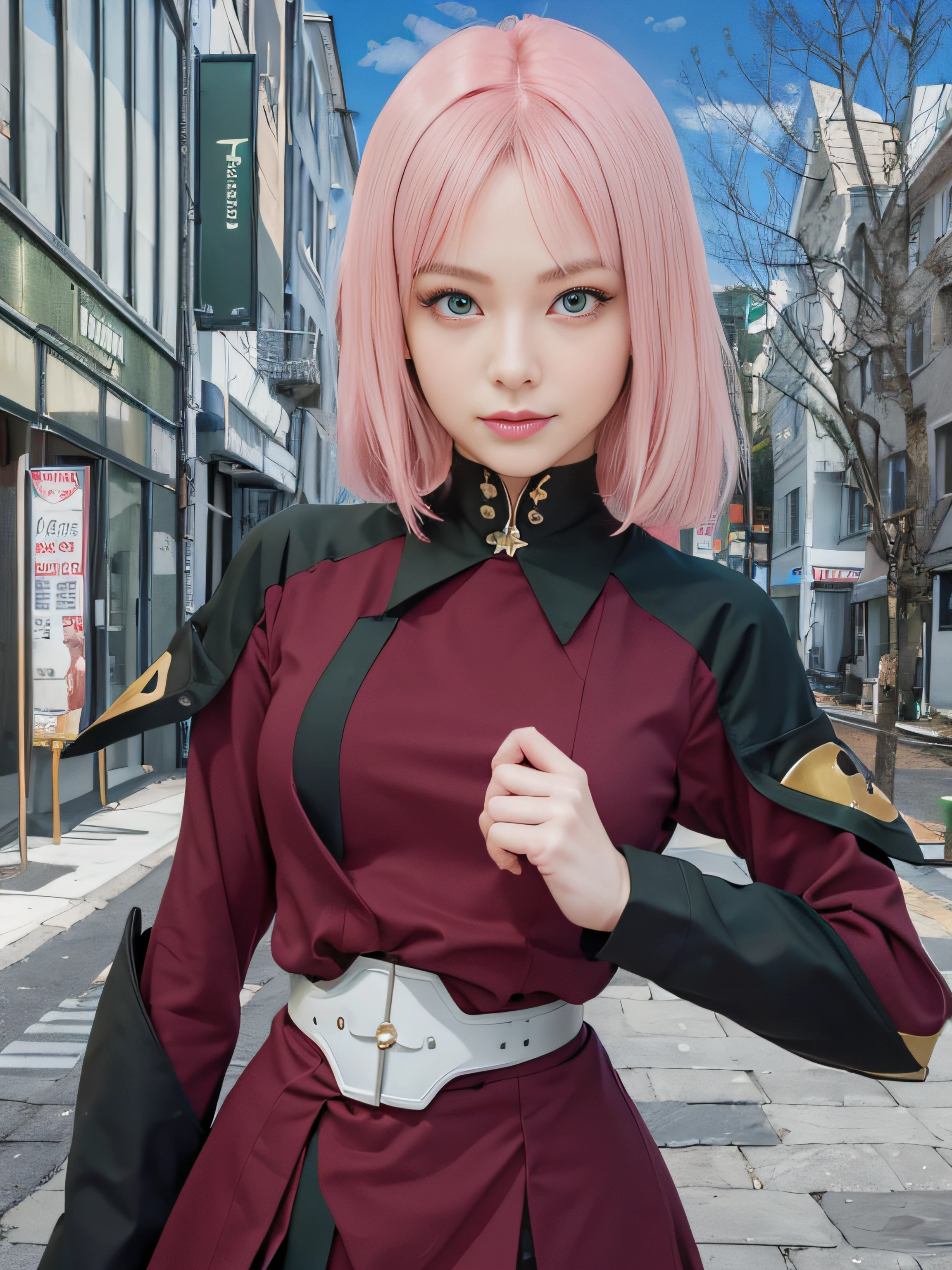 masterpiece, best quality, (realistic, photo-realistic:1.4), (RAW photo:1.2), extremely detailed CG unity 8k wallpaper, delicate and beautiful, amazing, finely detail, official art, absurdres, incredibly absurdres, huge filesize, ultra-detailed, extremely detailed, extremely detailed girl, extremely detailed eyes and face, light on face,little smile,short hair,(green eyes:1.7),pink hair,white belt