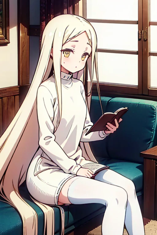 Young, slim, and very petite woman with long yellow hair and very light eyes, wearing a white wool sweater that subtly emphasizes her bust, white stockings. She is sitting at the kitchen table with her legs crossed, reading a book on a large sofa in the living room.