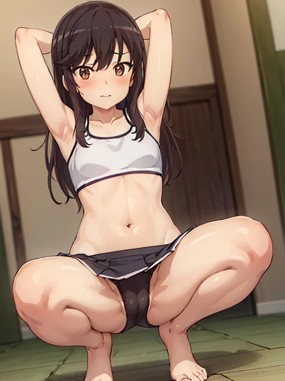 masterpiece, best quality, highres, Ichijou Hotaru, 1girl, solo, busty, normal breasts, black hair, long hair, sport bra, short skirt, looking at viewer, full body, standing, simple background, (erotic pose:1.4), blush, flustered, (Crotch panties exposed:1.3), ((arms behind head, double armpits, crouching down, half-squat, Open the crotch before:1.3)), Half body, upper body, In the middle, symmetrical,