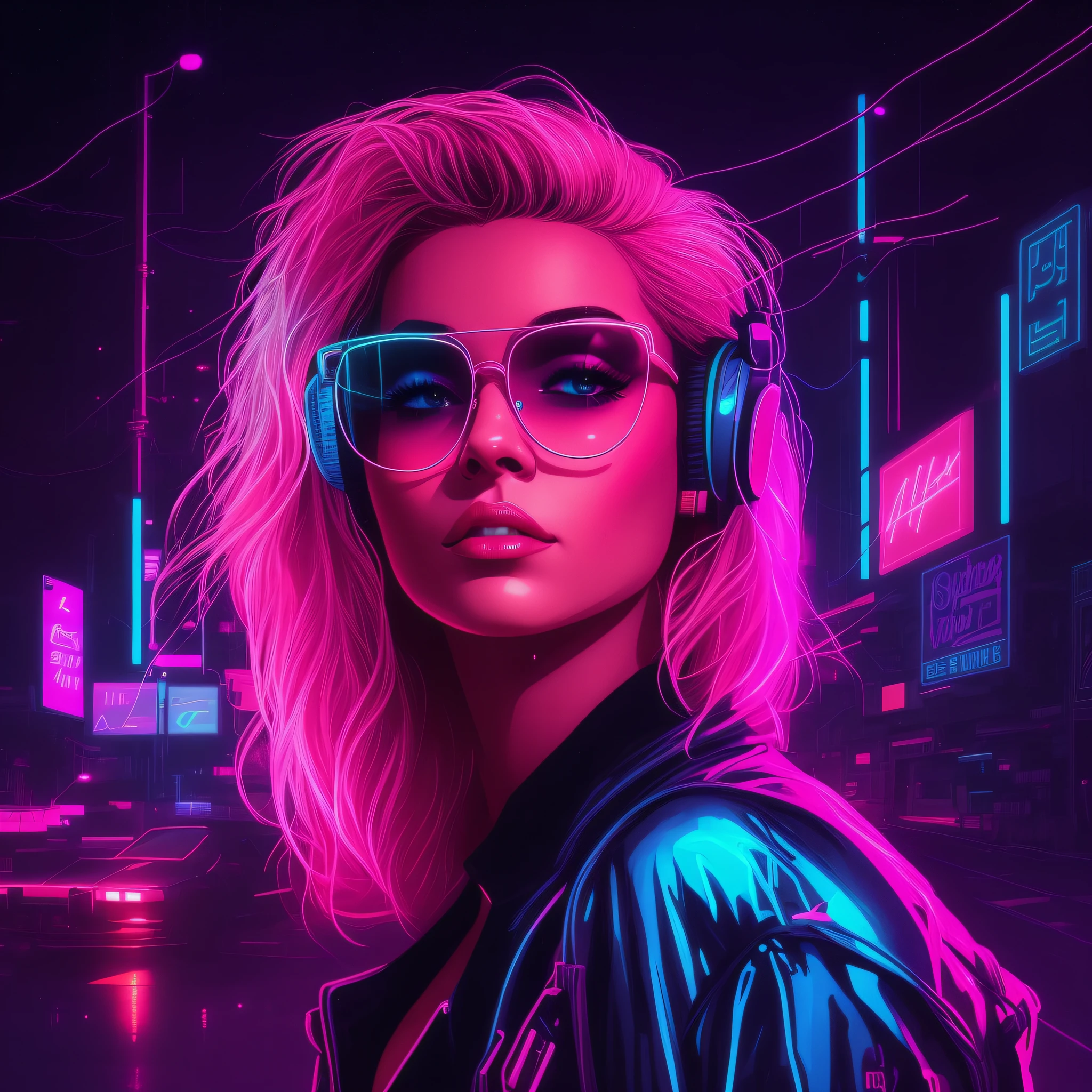 a woman in the rain with headphones and glasses in a neon city, vibe cyberpunk, cyberpunk vibes, estilo de arte cyberpunk, estilo de arte Synthwave, Inspirado no Synthwave, Estilo Synthwave, arte Synthwave, brilho cyberpunk brilhante, estilo de arte Synthwave ]!!, Synthwave estilo anos 80, masterpiece epic retrowave art, Synthwave, retrowave vibes, Jen Bartel