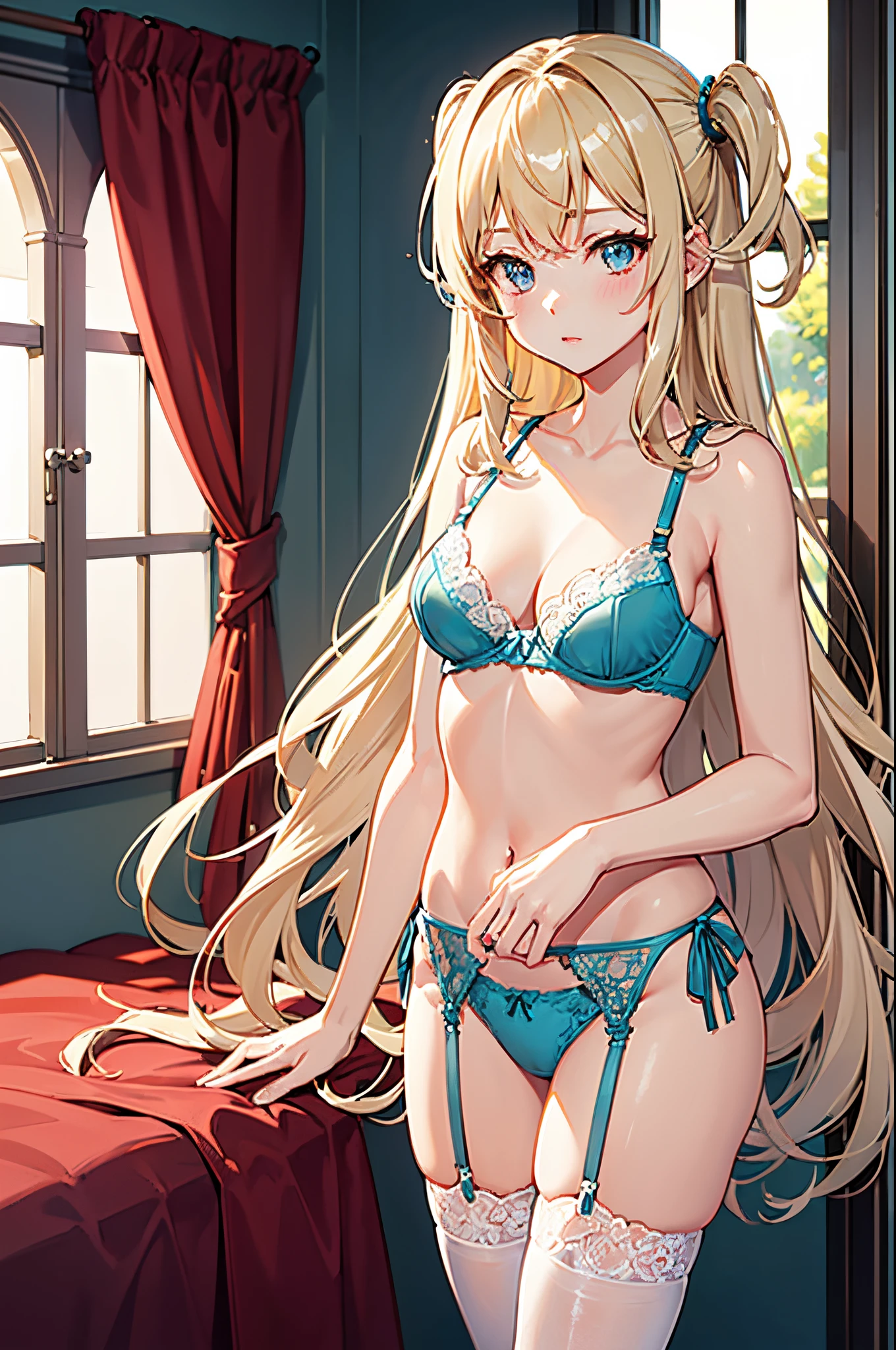 ((Best Quality)), (ultra-detailliert), ((Extremely detailed)), (Beautiful), ((Kawaii Girl)), ((UHD)), (masterpiece), (high quality), (best quality), (4K), (high quality), 1, solo girl, 1girl, ((platinum blond hair)), parted bangs, ((hair intakes)), long hair, (hair two side up long), ((jade colored eyes)), slanted eyes, medium breasts, slender body, lite blue, lace bra, side tie panties, lace panties, garter belt, bedroom, anime