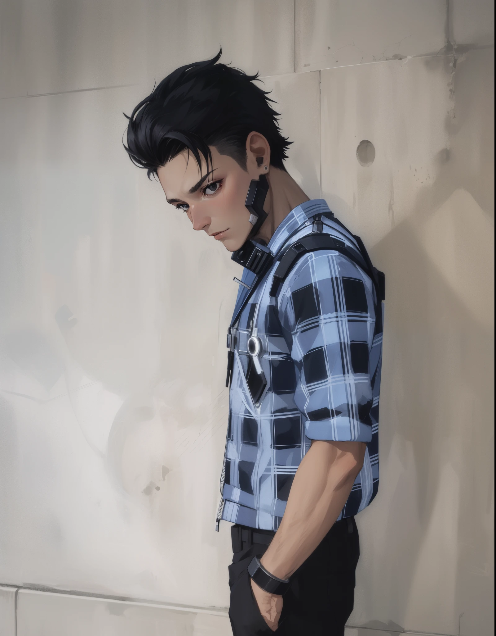 cyber punk, city, 1boy, black hair, black eyes, cyborg