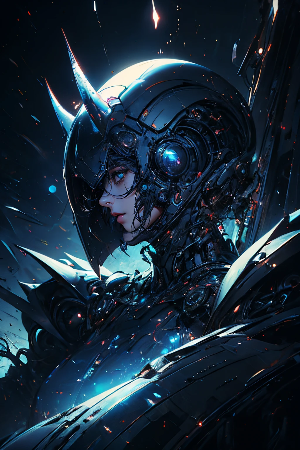 ticker mechanism, Beautiful eyes, Upper body, (Mechanic Armor), Portrait、abyss、Shooting with a wide-angle lens,Lightning from Kaleidoscope Hand、flying though the air、flawless、Neon light, 8K, raw, Best Quality, masutepiece, 超A high resolution, Colorful, (medium wide shot), (Dynamic perspective), foco nítido , (depth of fields, Bokeh:1.3), extremely detailed eye and face,ninjartist, Beautiful detailed eyes、Black gold, Trimmed gear:1.2), ((masutepiece, Best Quality)), Detailed background, Inside the spacecraft、Hold your weapon、(Gray hair)、brue eyes、poneyTail、dirty、bio luminescent、lots of crescent moons、Photographed with Canon R5、Dark Fantasy,masterpiece,connected to the plug、spectrum、Space City、Highly detailed beautiful porcelain profile female android face、Complex 3D rendering of a headset、cyborgs、roboticparts、150mm、Beautiful studio soft lights、Rim Light、Vivid details、luxuriouscyberpunk、Ren Hao、surrealistic、Anatomical、face muscles、cable electric wires、microchips、elegent、beatiful backgrounds、octan render、HR Giger Style、8K、top-quality、masterpiece、illustratio、extremely delicate and beautiful、ighly detailed、nffsw ,Unity ,wall-paper,magnifica, Attention to detail, masterpiece,top-quality,Official art,Highly detailed ticker Unity 8K wallpapers、机器人、Silver Halmet、((full body Esbian))