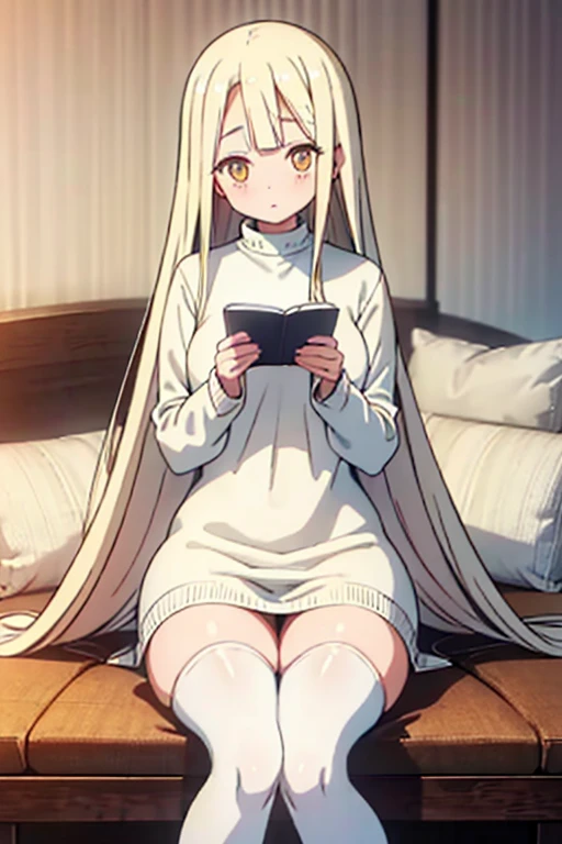 Young, slim, and very petite woman with long yellow hair, bangs across her forehead, eyes as clear as the sea, wearing a white wool sweater that subtly emphasizes her bust, white stockings. She is sitting at the kitchen table with her legs crossed, reading a book on a large sofa in the living room.