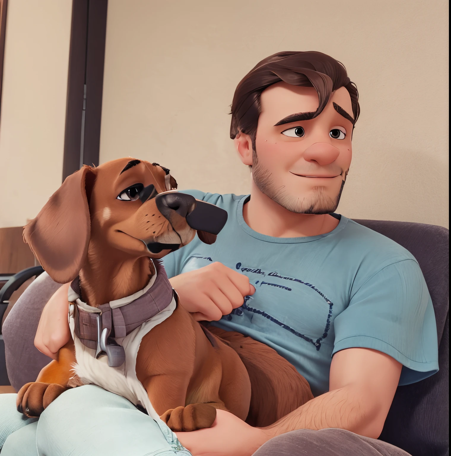 Man with short beard, having a daschound dog on his lap
