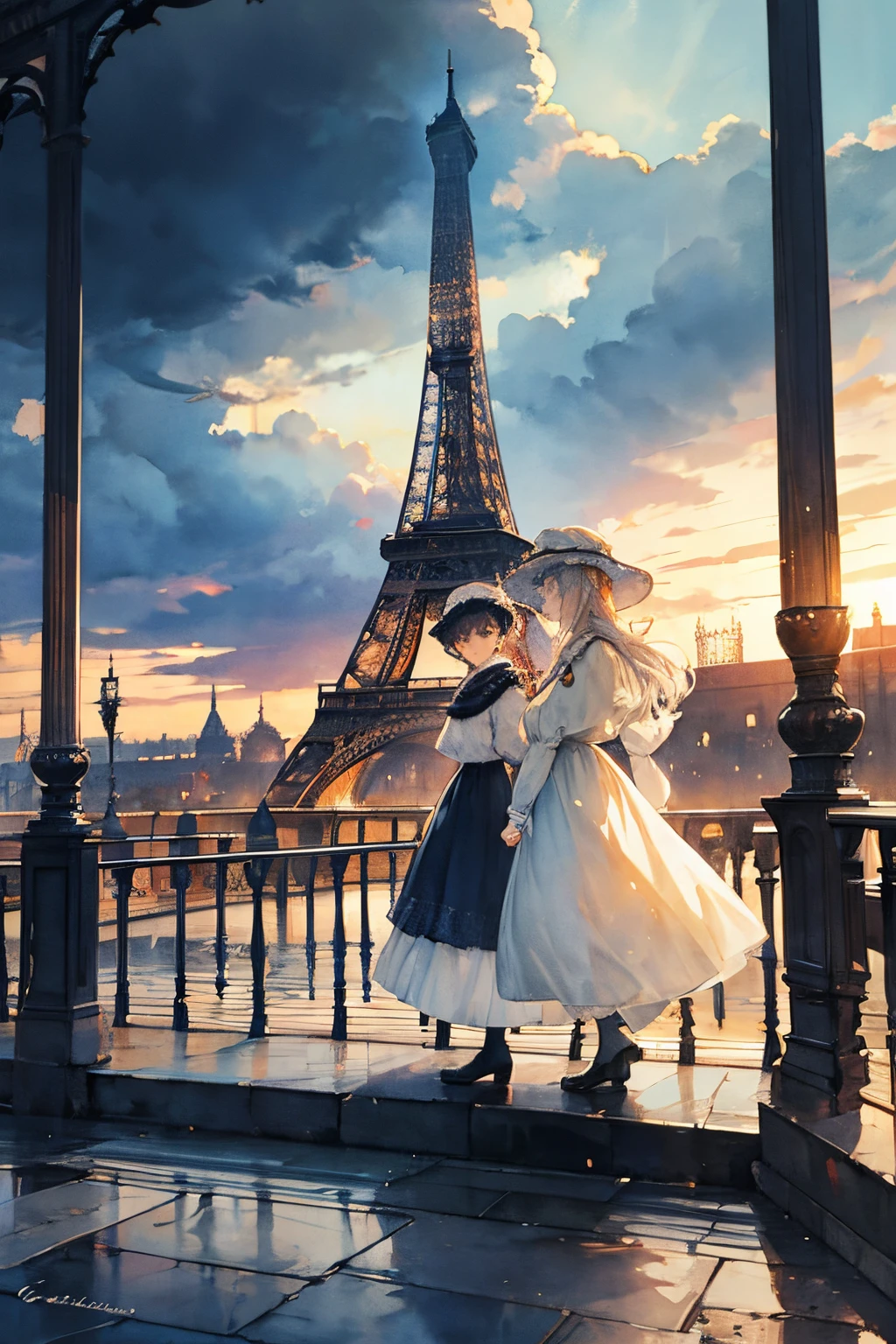 Paris , stormy scene, Edwardian women in white, watercolour