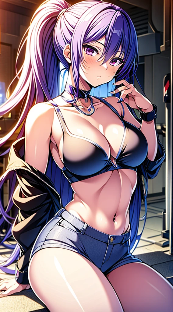 （Enrich the picture，Masterpiece level quality）Beautiful 8K CG artwork,1girl in,solo,akiyama rinko (taimanin),blue hair,ponytail,very long hair,hairclip,purple eyes,sharp eyes,large breasts,dog tag,