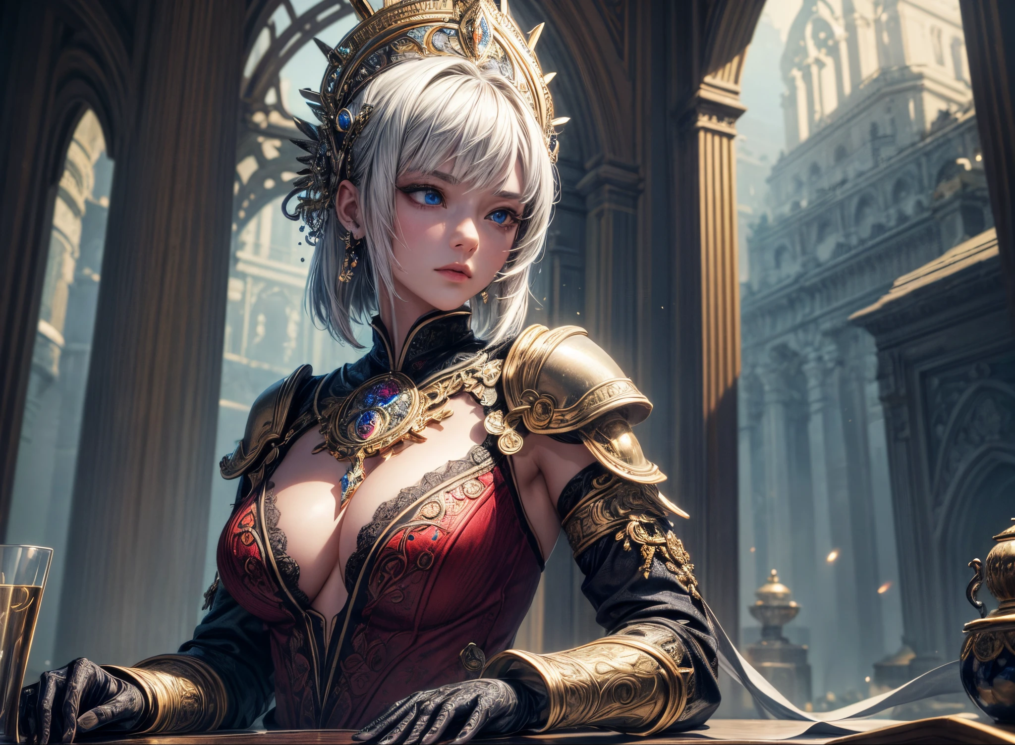 ((Best quality)), ((masterpiece)), ((highly intricate details)),beautiful, high quality, highres, absurdres, light difussion, intricate details, complex details, ((anime)), (anime:1.2) , (perfect face:1.3), extreme detailed eyes, colorful, highest detailed, vibrant colors, high contrast, (8K UHD:1.2), (photorealistic:1.2),(masterpiece:1.4), (best quality:1.4), realistic,medium breast.masterpiece, high quality, 3d, 8k cg, intricate details, detailed background, sacred. ornaments, byDylanKowalski, ((1girl)), upper body, muscular, skindentation, looking to the side, short hair, prosthesis, mechanical arms, synthetic skin, porcelain, pearl, holographic, titanium, diamond, ruby, sapphire, gemstones, clockwork, grunge, worn edges, armor,