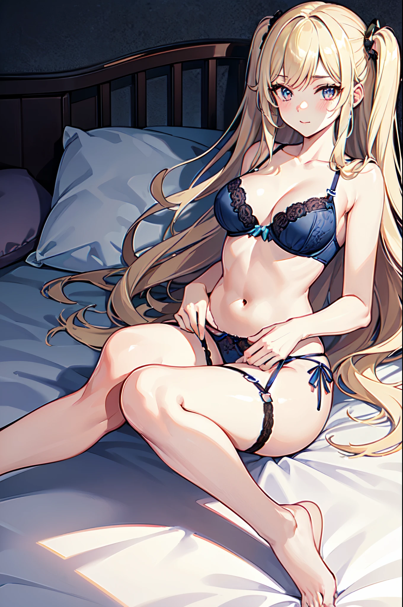 ((Best Quality)), (ultra-detailliert), ((Extremely detailed)), (Beautiful), ((Kawaii Girl)), ((UHD)), (masterpiece), (high quality), (best quality), (4K), (high quality), 1, solo girl, 1girl, ((platinum blond hair)), parted bangs, ((hair intakes)), long hair, (hair two side up long), ((jade colored eyes)), slanted eyes, medium breasts, slender body, lite blue, lace bra, side tie panties, lace panties, garter belt, bedroom, anime