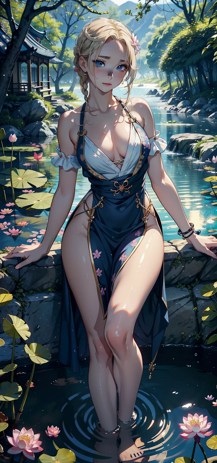 (Background with:ponds,cherry blossom forest,lotus flower)Lie underwater, She has short blonde hair,Twist braids,seen from the front,The sky is mostly cloudy,(((tmasterpiece),(Very detailed CG unified 8k wallpaper),Best quality,电影灯光,detailed back ground,美丽细致的眼睛,Bright pupils,eBlue eyes,Snow-whiteskin,Redlip(Very delicate and beautiful),(Beautiful and detailed eyes description),ultra - detailed,tmasterpiece,))facing at the camera,A high resolution,ultra - detailed),Expose breasts exposed,Bare genitals, convex,legs are open,Raised sexy,Camel toes,longing unsatisfied,street frontage,(dressed in :Nipple rings, jewely, Denim apron, Bare bare )