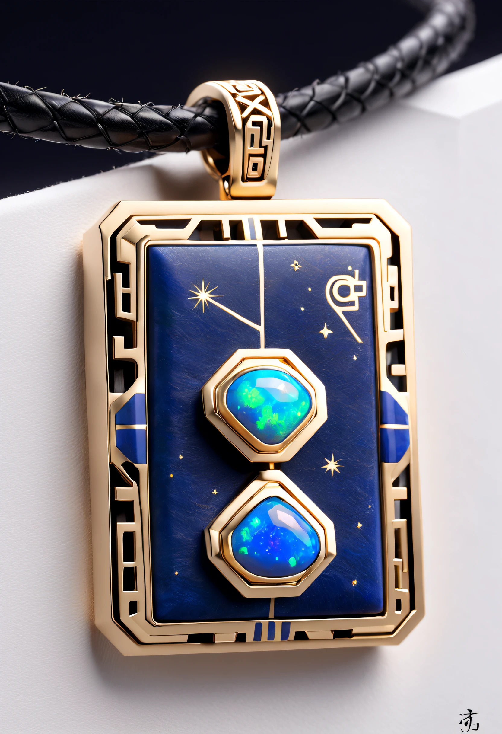 Item design, (Close-up of 8-sided rectangular pendant), (There is a large double opal in the center.: 1.2) a leather cord, Intricate text carving, Black gold border, platinum, lapis lazuli, turquesa, Complex structures, geometric shapes, (Vanke Yabao Constellation Necklace), (Dunhuang mural style), Background with: Blackstone, 3Drenderingof, octaneratingrendering, number art, jewelry photography,