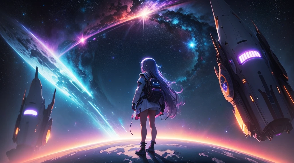 spaceship anime girl engaged in a galactic in a dark light atmosphere with shiny stars and neon light around them and mesmerize landscape beneath them