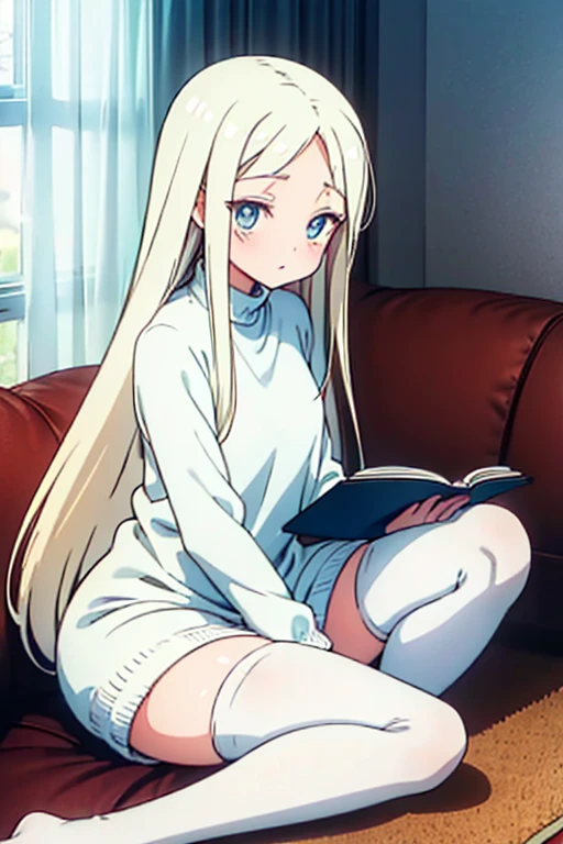 Young, slim, and very petite woman with long yellow hair, bangs across her forehead, bright blue eyes, wearing a white wool sweater that subtly emphasizes her bust, white stockings. She is sitting at the kitchen table with her legs crossed, reading a book on a large sofa in the living room.