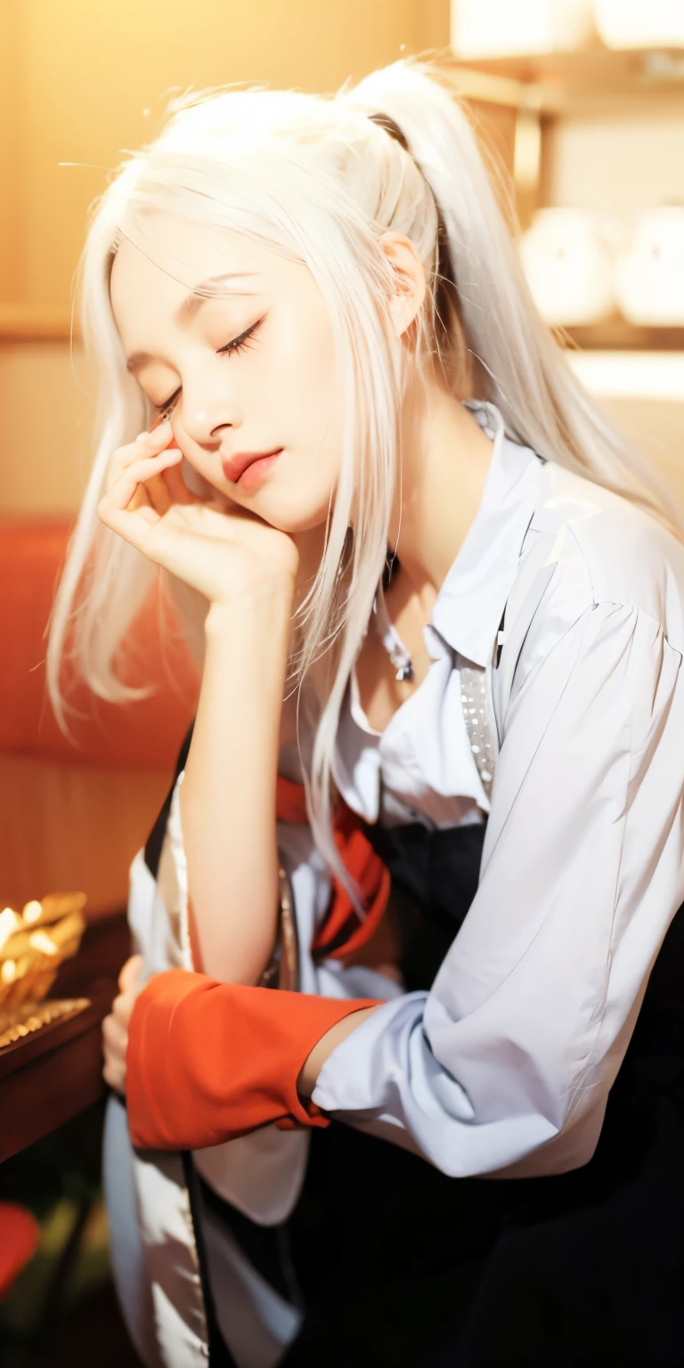 1girl,silver hair, high quality, ultra detailed, masterpiece, realistic, closed eyes