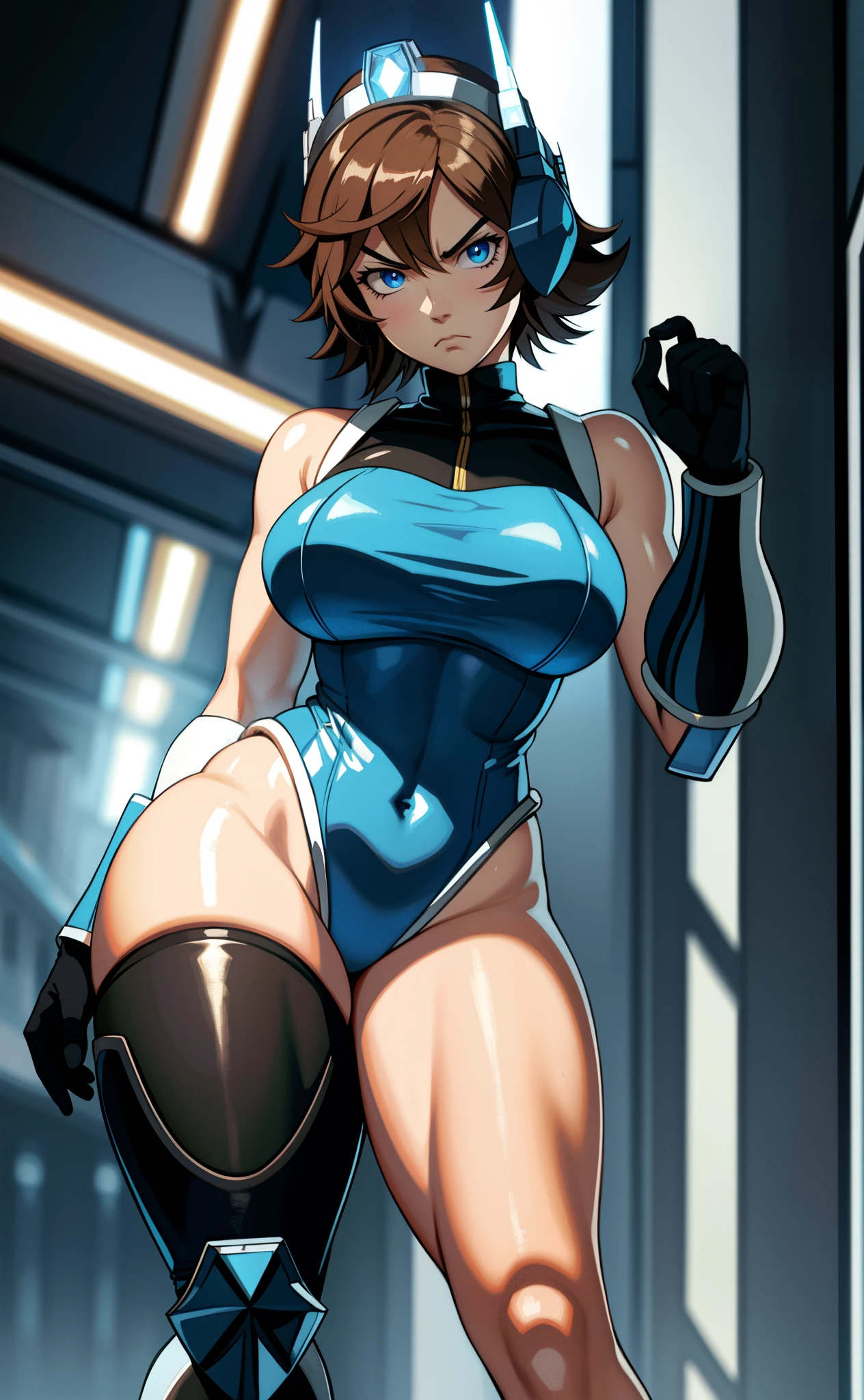 [patricia wagon], [mighty switch force], ((masterpiece)), ((HD)), ((beautiful render art)), ((solo portrait)), ((waist up)), ((front view)), ((cinematic lighting)), ((anime)), ((detailed shading)), ((intricate details)), {(athletic figure), (cute dark-blue eyes), long eyelashes, (short yellow-brown hair), (medium boobs), (gorgeous wide hips), (thick thighs), (muscular legs), (beautiful legs), (angry), (frown)}, {(blue leotard), (white armor), (black gloves)}, {(standing), (looking at viewer)}, [Background; (city), (town square), (starry sky), (nighttime), (ambient lighting)]