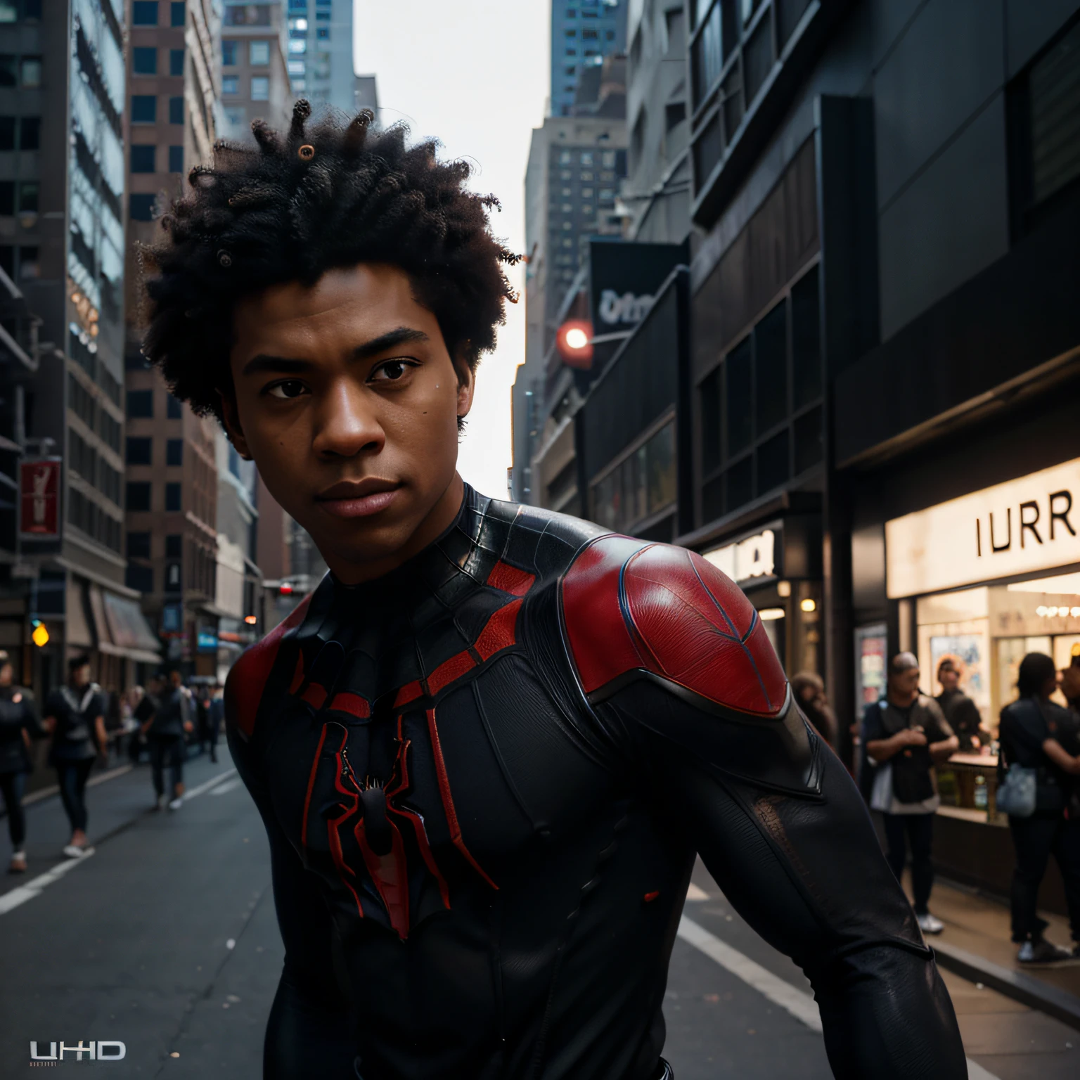 Miles Morales Black uniform, muscular Spider-Man Marvel, 35mm lens, photography, ultra details, HDR, UHD, 8K, with lots of lighting, well-lit New York City, short afro curly black hair with disguise