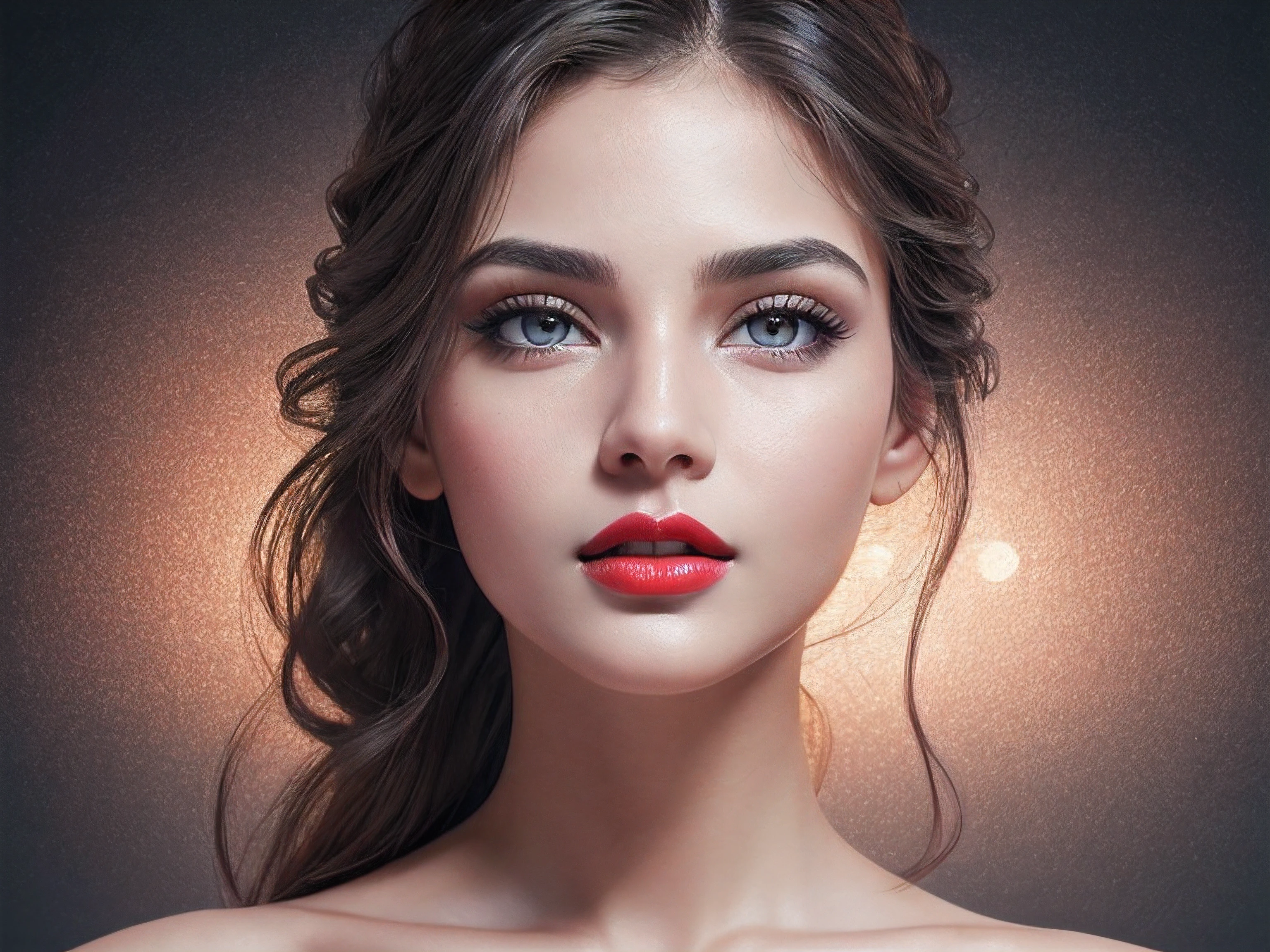 attractive alluring face, (naked:1.5), (full body naked:1.5), big boobs, night light bokeh effect background, perfect pink eyes, fantastic face, Indian, beautiful look, ((red lips, bright eyes, curve heir 1.5)), ((beautiful details body)), A glorious gorgeous, glorious gorgeous face, pretty face, bright eyes, detailed elegant printed shirt, updo elegant hair, blurred gray tones background, ultra focus, face ilumined, face detailed, 8k resolution, painted, dry brush, brush strokes,