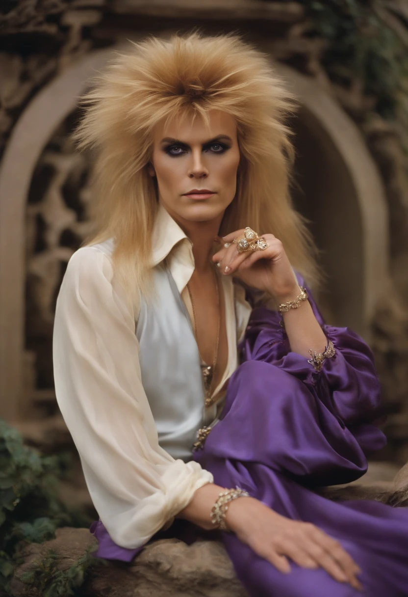 A video of a shimmering crystal ball, reflecting light and swirling with mystical energy.,Labyrinth,Jareth has long spiky blonde hair, purple eyeshadow with cat-eye eyeliner, wears a frilly shirt and tight pants, and a high open collar. Portrayed by David Bowie in the film "Labyrinth"