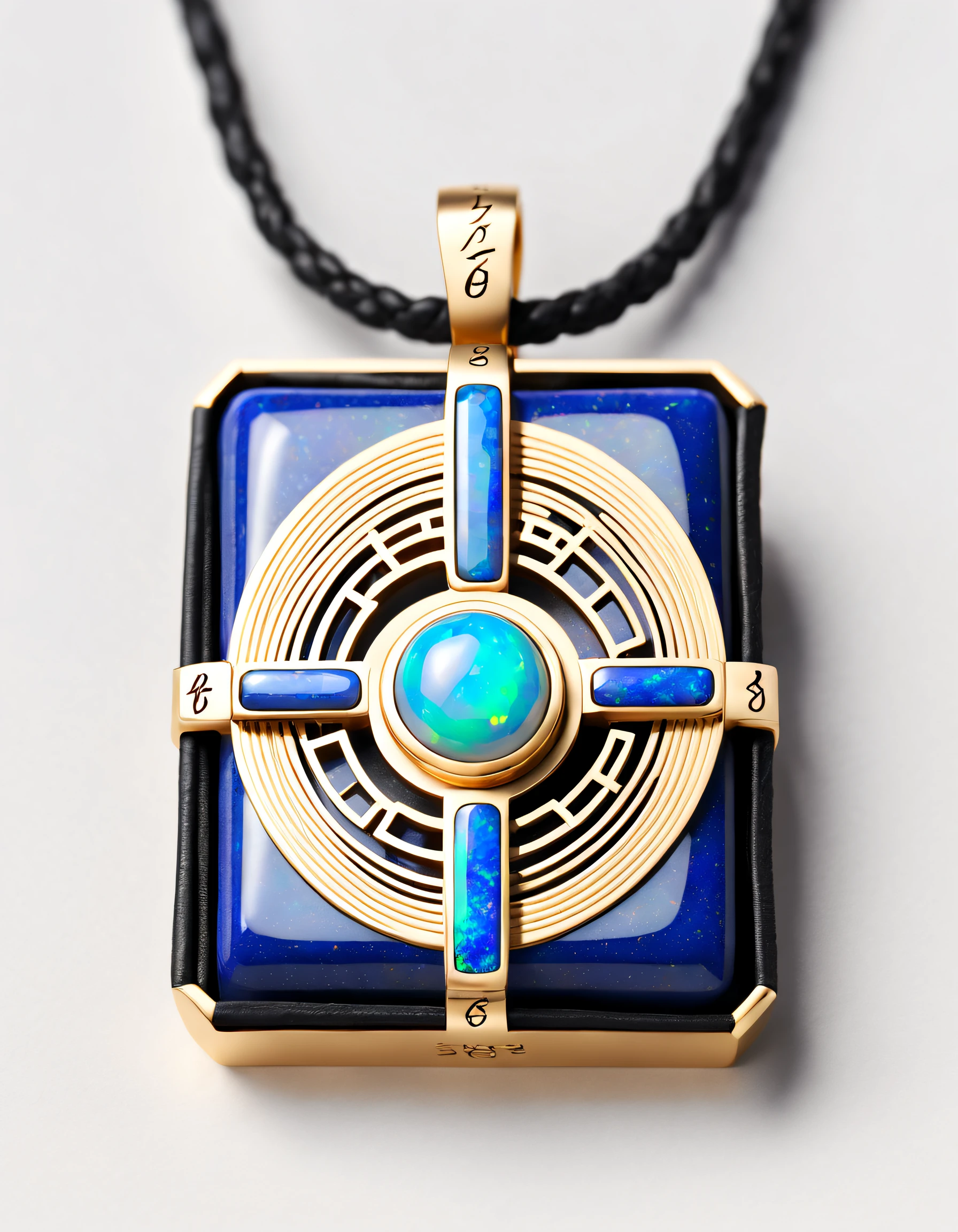 Item design, (Close-up of 8-sided rectangular pendant), (There is a large double opal in the center...: 1.2) a leather cord, Intricate text carving, Black gold border, platinum, lapis lazuli, turquesa, Simple structure, geometric shapes,(Dunhuang mural style), Background with: Black stone, 3 Rendering, Octagon rendering, number art, jewelry photography,