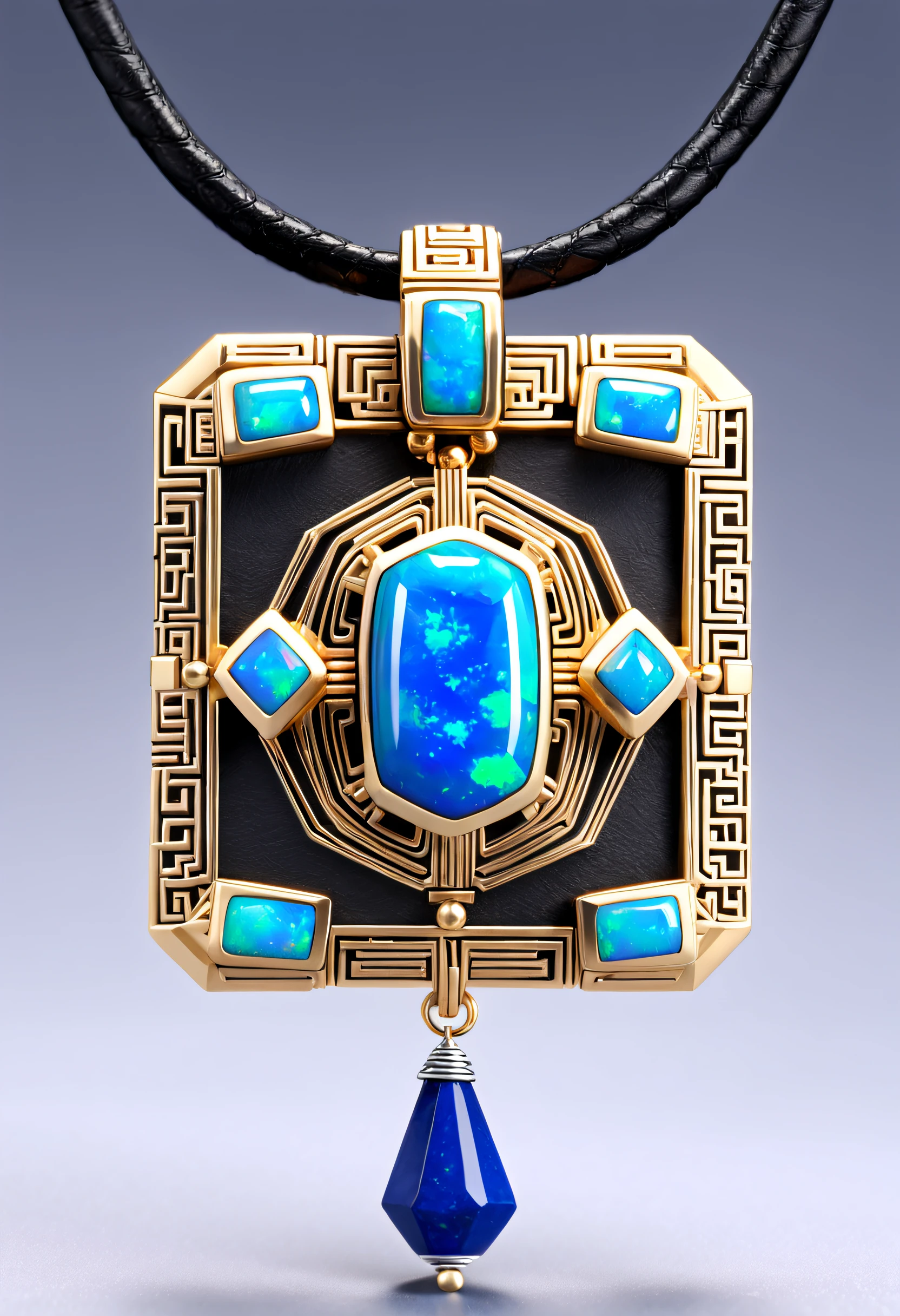 Item design, (Close-up of 8-sided rectangular pendant), (There is a large double opal in the center.: 1.2) a leather cord, Intricate text carving, Black gold border, platinum, lapis lazuli, turquesa, Complex structures, geometric shapes, (Vanke Yabao Constellation Necklace), (Dunhuang mural style), Background with: Blackstone, 3Drenderingof, octaneratingrendering, number art, jewelry photography,