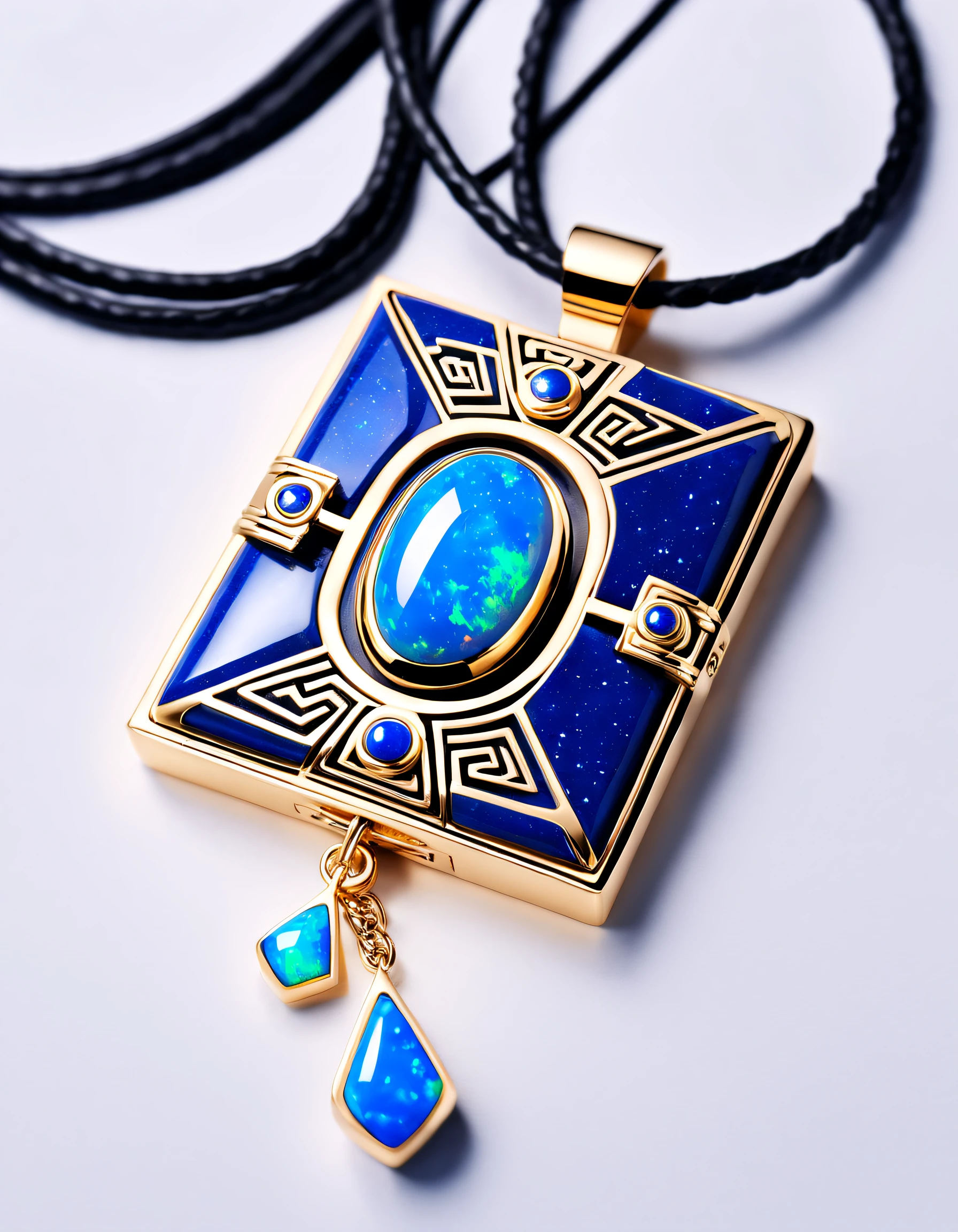 Item design, (Close-up of 8-sided rectangular pendant), (There is a large double opal in the center..: 1.2) a leather cord, Intricate text carving, Black gold border, platinum, lapis lazuli, turquesa, Simple structure, geometric shapes,
(Vanke Yabao Constellation Necklace), (Dunhuang mural style), Background with: Black stone, 3 Rendering, Octagonal rendering, number art, jewelry photography,