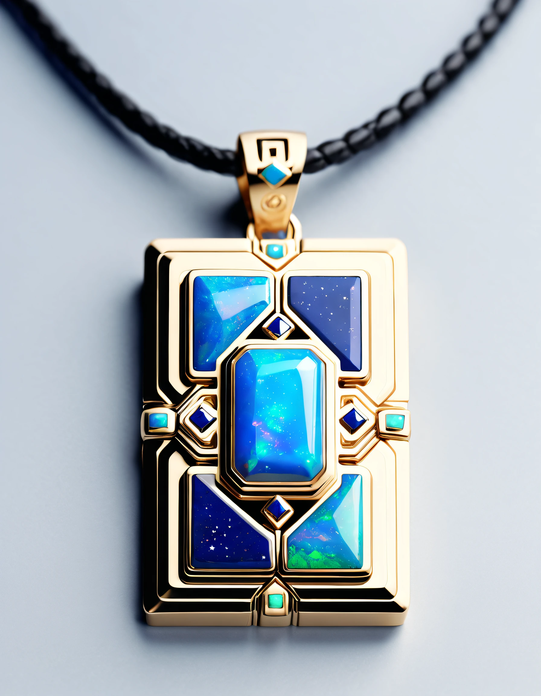 Item design, (Close-up of 8-sided rectangular pendant), (There is a large double opal in the center..: 1.2) a leather cord, Intricate text carving, Black gold border, platinum, lapis lazuli, turquesa, Simple structure, geometric shapes,
(Vanke Yabao Constellation Necklace), (Dunhuang mural style), Background with: Black stone, 3 Rendering, Octagonal rendering, number art, jewelry photography,