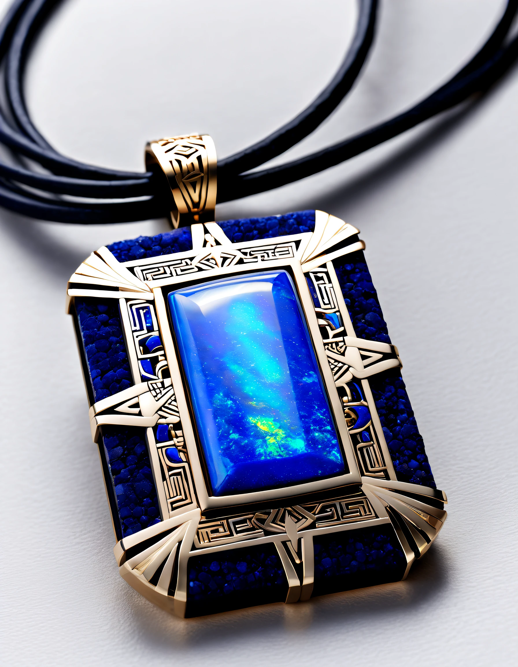 Item design, (Rectangular pendant close-up), (There is a large double opal in the center.......： 1.2) a leather cord, Intricate text carving, Black gold border, platinum, lapis lazuli, （turquesa）, Simple structure, geometric shapes, (Dunhuang mural style), Background with: Black stone, a 3D render, Octagon rendering, number art, jewelry photography,