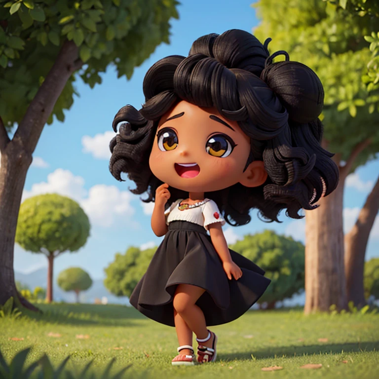 (best quality,ultra-detailed),Beautiful black girl in a summer outfit, with voluminous curly hair, Chibi style, slightly slanted big expressive eyes, full body