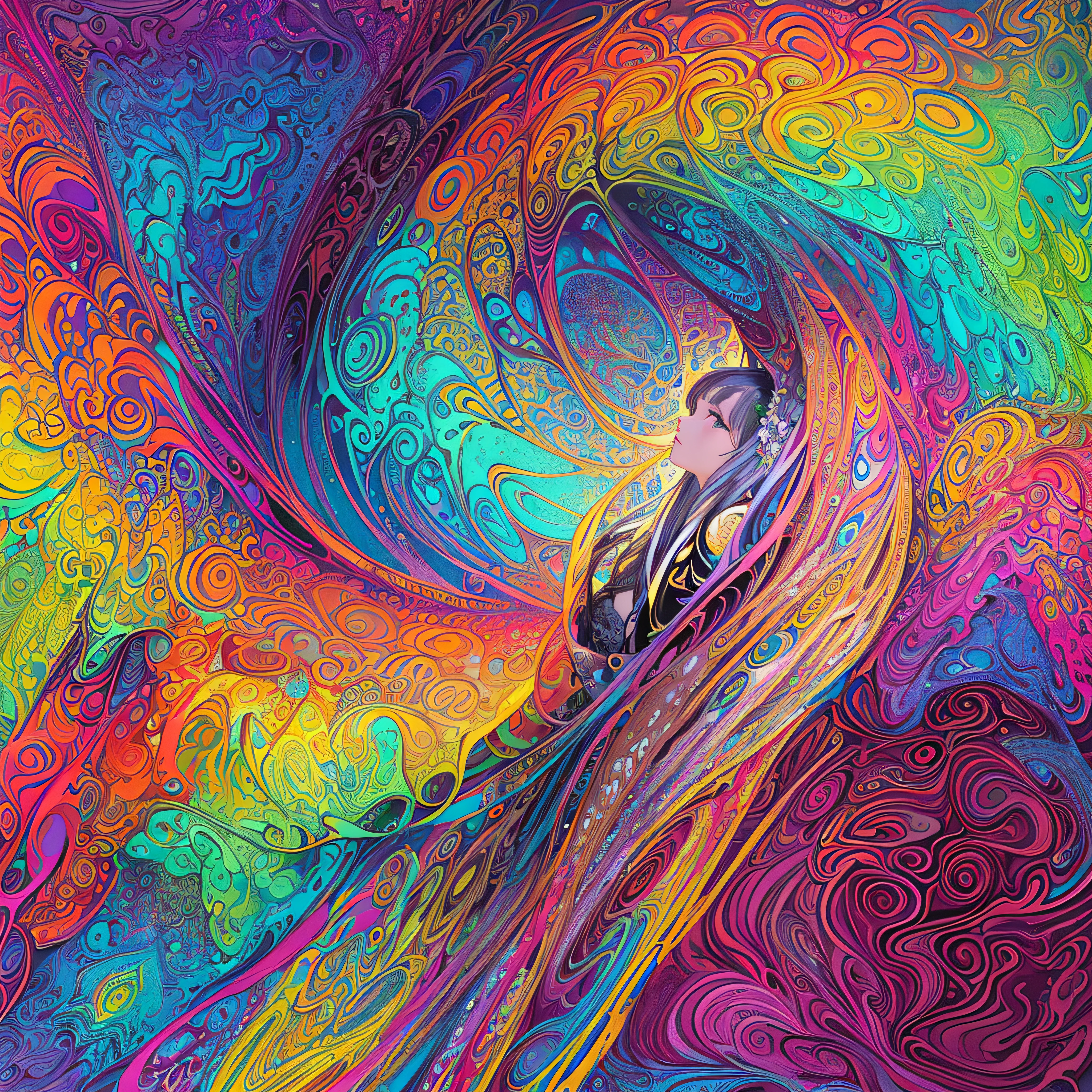 (​masterpiece、top-quality、top-quality、Official art、Beautifully Aesthetic:1.2)、Highly detailed fractal art、(colourfull:1.5)、highest details、Zentangle、a closeup、 (1girl in:1.5), 独奏, (dynamicposes), (Abstract background:1.5), (shinny skin),