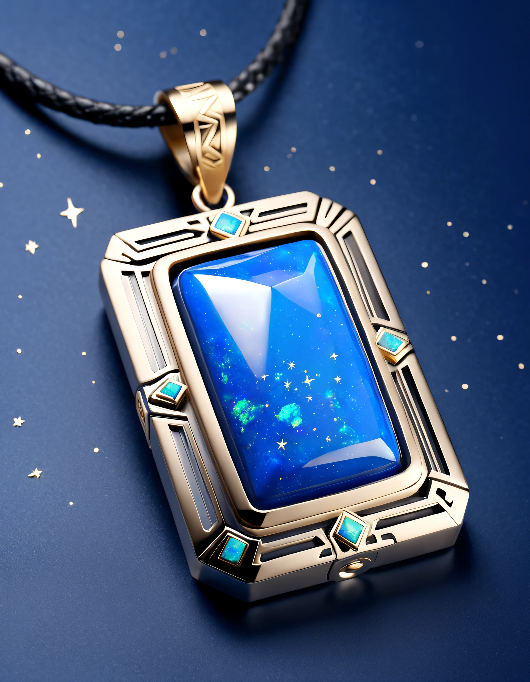 Item design, (Close-up of 8-sided rectangular pendant), (There is a large double opal in the center...: 1.2) a leather cord, Intricate text carving, Black gold border, platinum, lapis lazuli, turquesa, Simple structure, geometric shapes,(Vanke Yabao Constellation Necklace), ,Background with：
 Black stone, 3 Rendering, Octagon rendering, number art, jewelry photography,