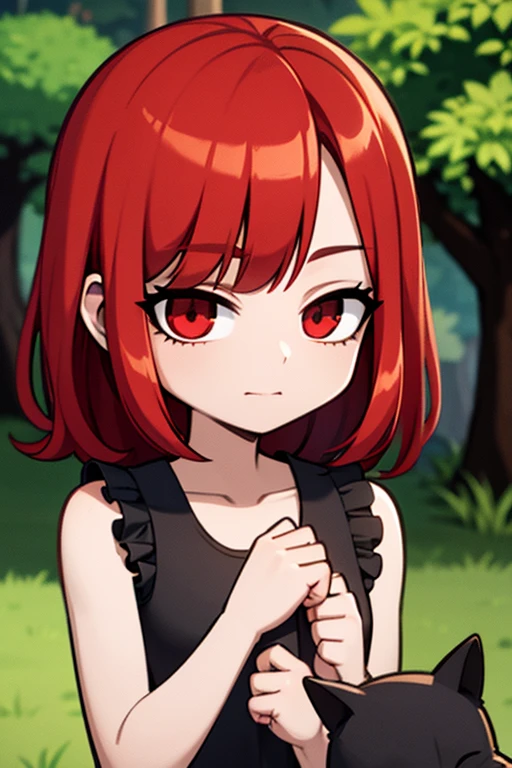 a red haired woman with red eyes is holding a black cat in the woods